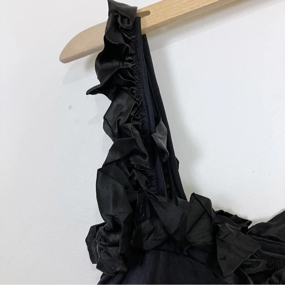 Vintage black ruffle bodycon bandage dress midi cocktail party frilly tiered - Picture 5 of 9
